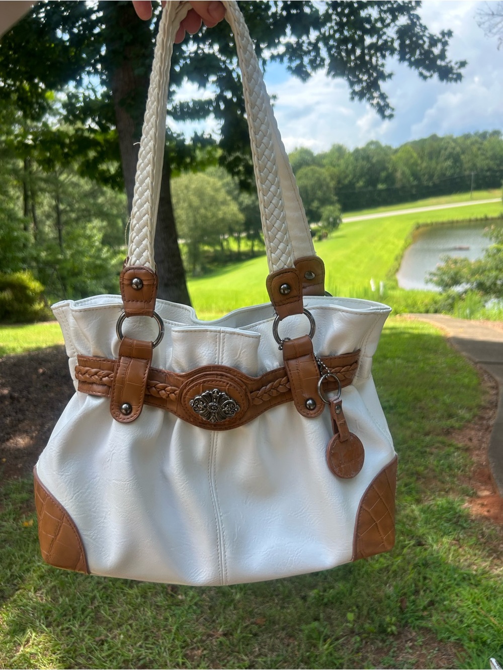 Bueno White & Cognac Faux Leather Tote Shoulder Bag Braided Handles Western Boho